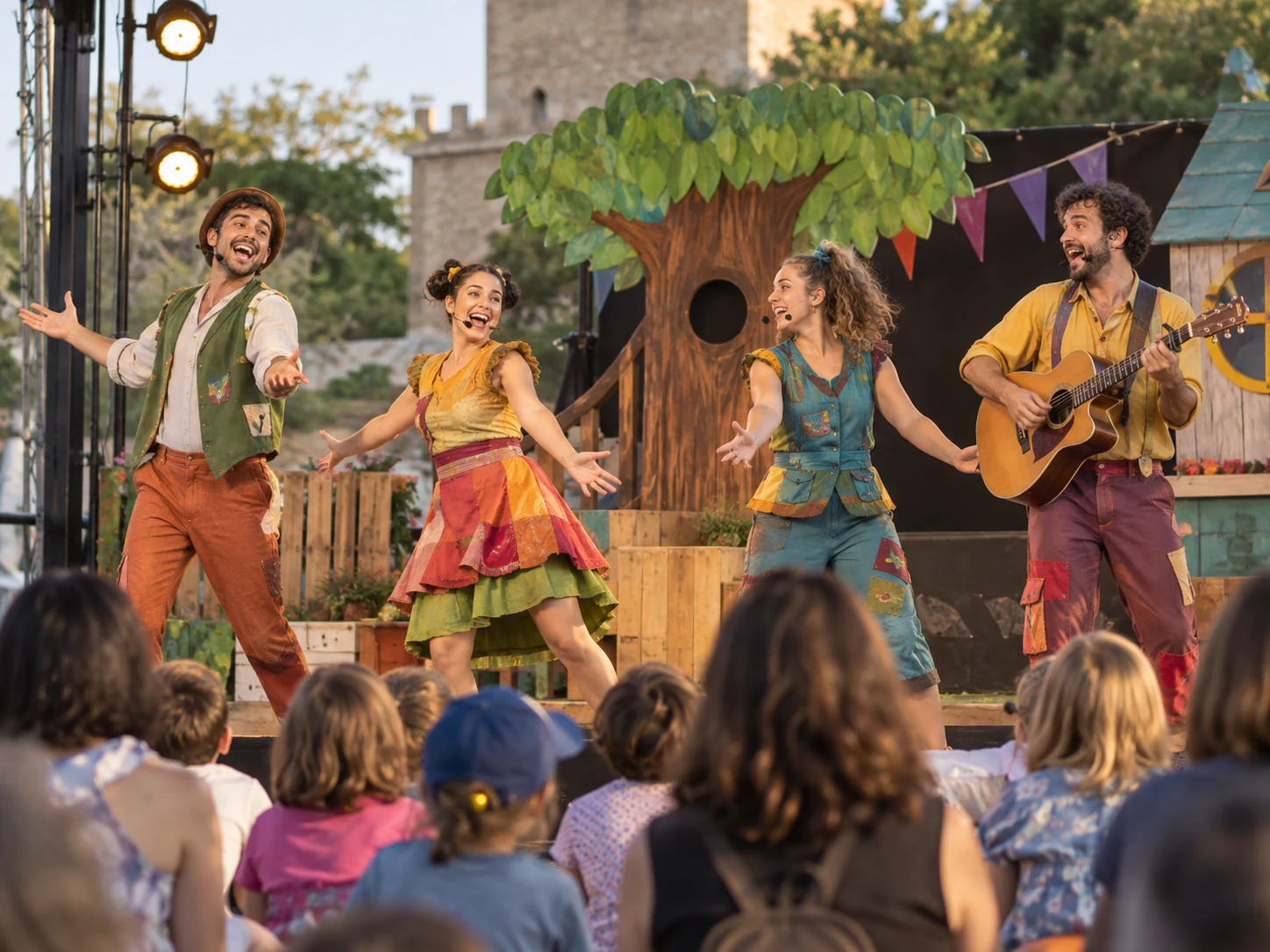 Escena d’un musical familiar amb quatre intèrprets i públic