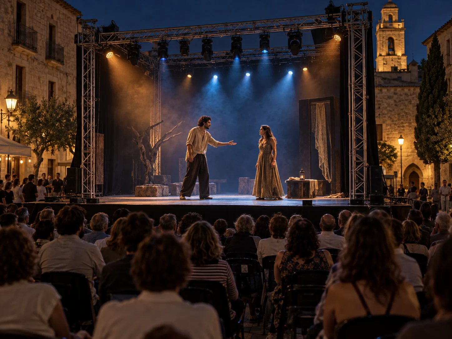 Dos actors en un escenari de teatre de carrer, de nit, amb públic i il·luminació teatral